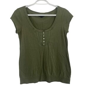 Y2K American Eagle Olive Green Henley Short Sleeve Top Smocked Hem Bella Swan SM